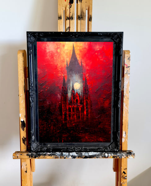 The burning chapel - Oil Painting. Art print. original artwork. Gothic Home décor.
