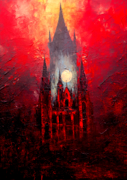 The burning chapel - Oil Painting. Art print. original artwork. Gothic Home décor.