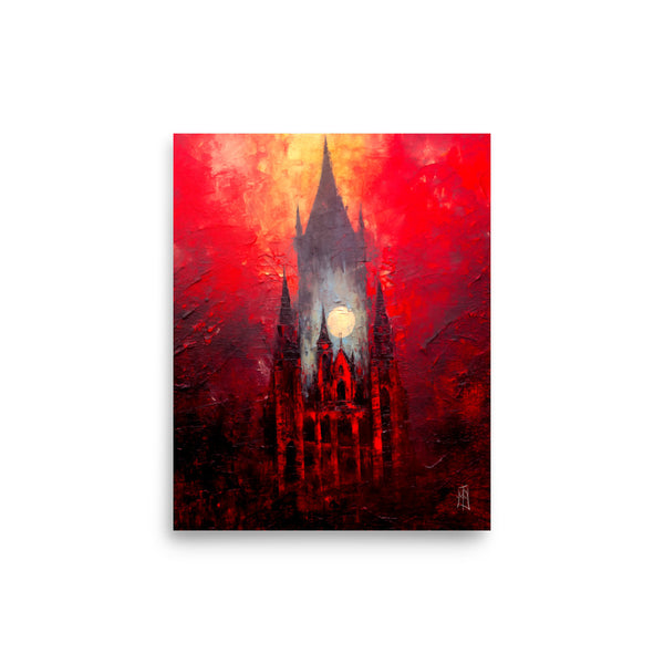 The burning chapel - Oil Painting. Art print. original artwork. Gothic Home décor.
