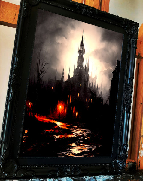 Oil Painting. The dark castle. Painting. Art print. original artwork. Gothic Home décor. Digital art.