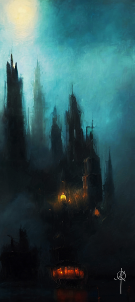 Castle harbor by moonlight - Oil painting. Art print and poster.