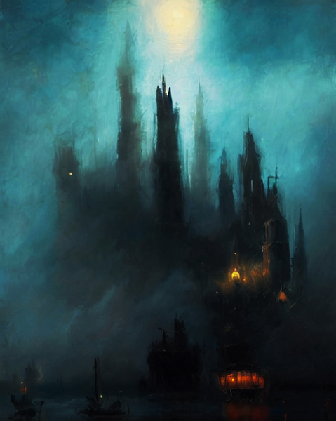 Castle harbor by moonlight - Oil painting. Art print and poster.