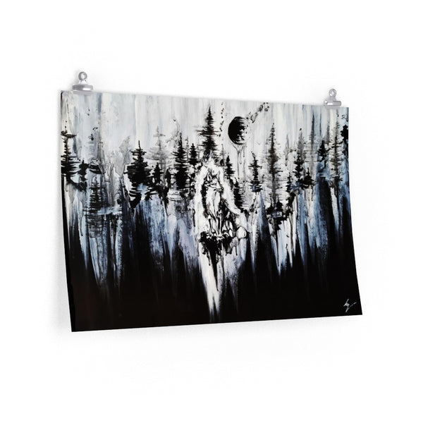 Fox in the moonlights darkness - Premium Matte horizontal posters. Wall art, gothic home décor, Fox and forest art.