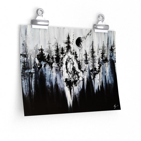Fox in the moonlights darkness - Premium Matte horizontal posters. Wall art, gothic home décor, Fox and forest art.