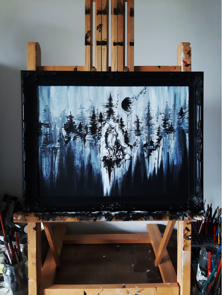 Fox in the moonlights darkness - Premium Matte horizontal posters. Wall art, gothic home décor, Fox and forest art.