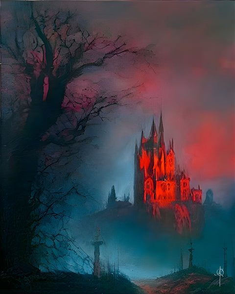 Graveyard castle. Oil painting. Art print. original artwork.