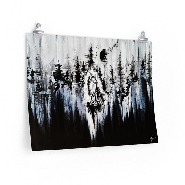 Fox in the moonlights darkness - Premium Matte horizontal posters. Wall art, gothic home décor, Fox and forest art.