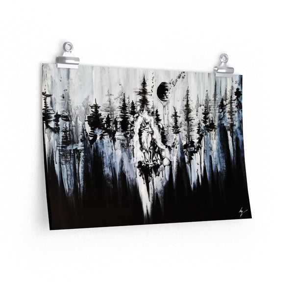 Fox in the moonlights darkness - Premium Matte horizontal posters. Wall art, gothic home décor, Fox and forest art.