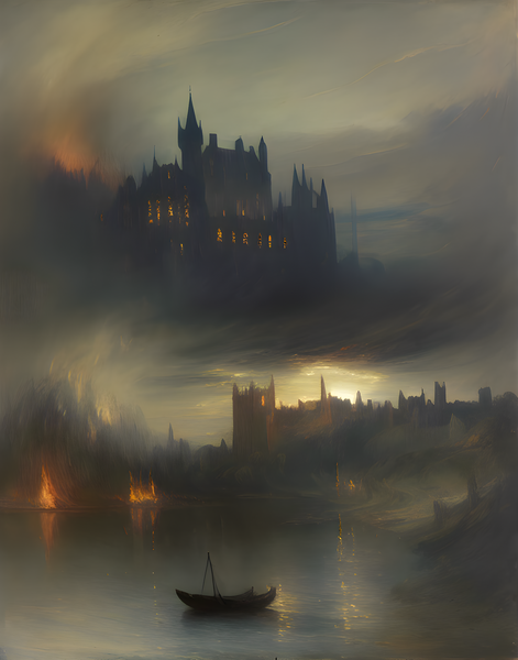 Oil Painting. Château Fires VI. Landscape Art. Art print. original artwork. Gothic Home décor. Digital art.