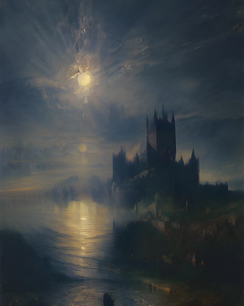Oil Painting. Castle clair de lune VI. Landscape Art. Art print. original artwork. Gothic Home décor. Digital art.