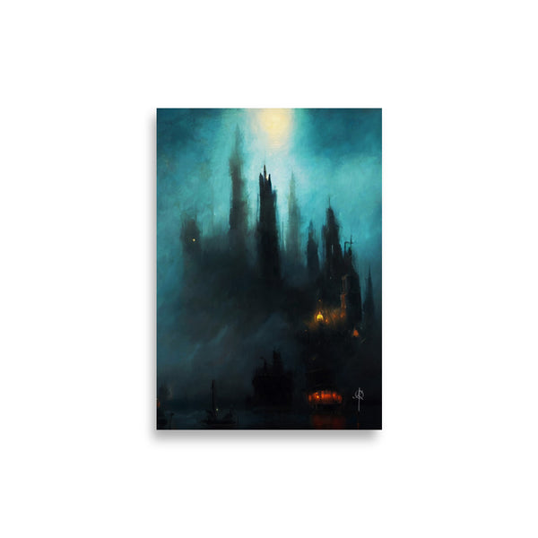 Castle harbor by moonlight - Oil painting. Art print and poster.