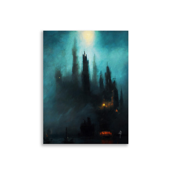 Castle harbor by moonlight - Oil painting. Art print and poster.