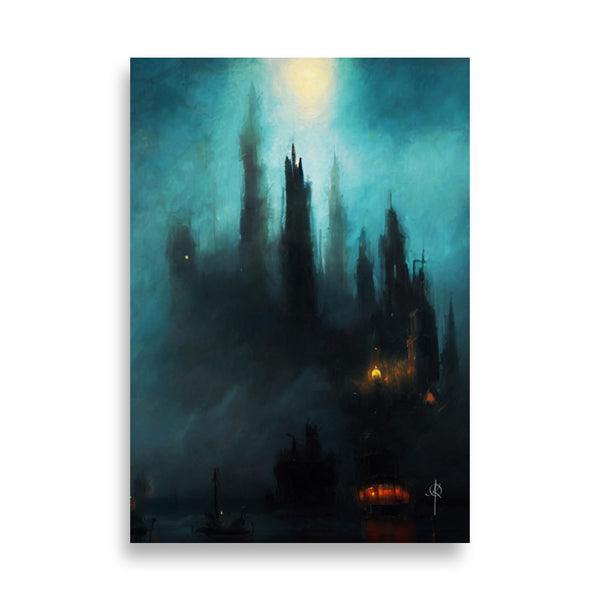 Castle harbor by moonlight - Oil painting. Art print and poster.