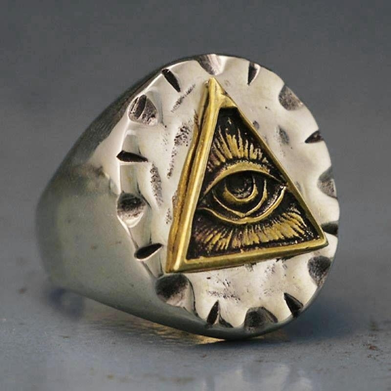 Men Stainless Steel Biker Ring Skull Gold Color Freemason Illuminati T