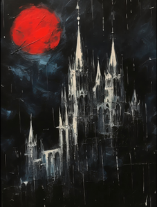 Blood moon Dracula's dark castle - Oil painting. White death Series I.