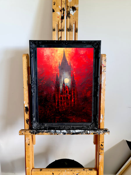 The burning chapel - Oil Painting. Art print. original artwork. Gothic Home décor.