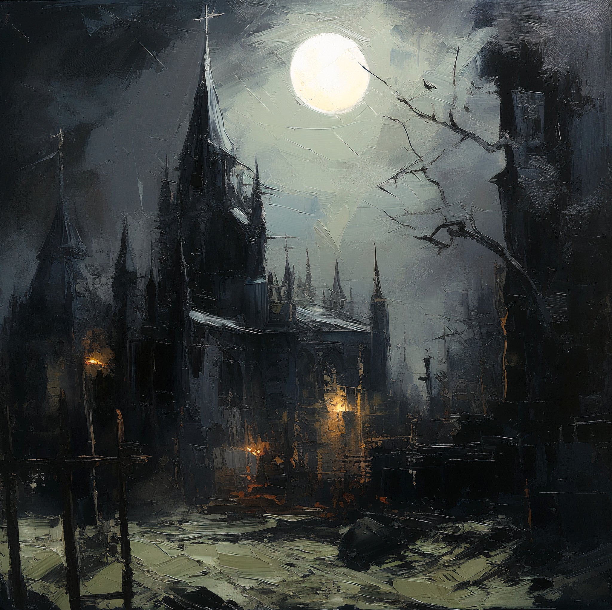 Oil Painting. Cemetery Moonlight IX. Painting. Art print. original artwork. Gothic Home décor. Digital art.