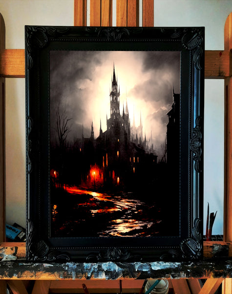 Oil Painting. The dark castle. Painting. Art print. original artwork. Gothic Home décor. Digital art.
