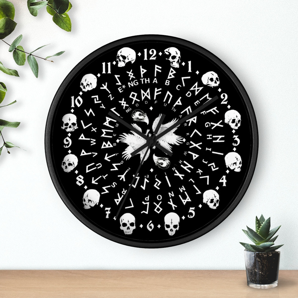 Huginn and Muninn. Odin Wall clock - Pagan, Rune and skull clock. Witchcraft and Viking style. Black version.