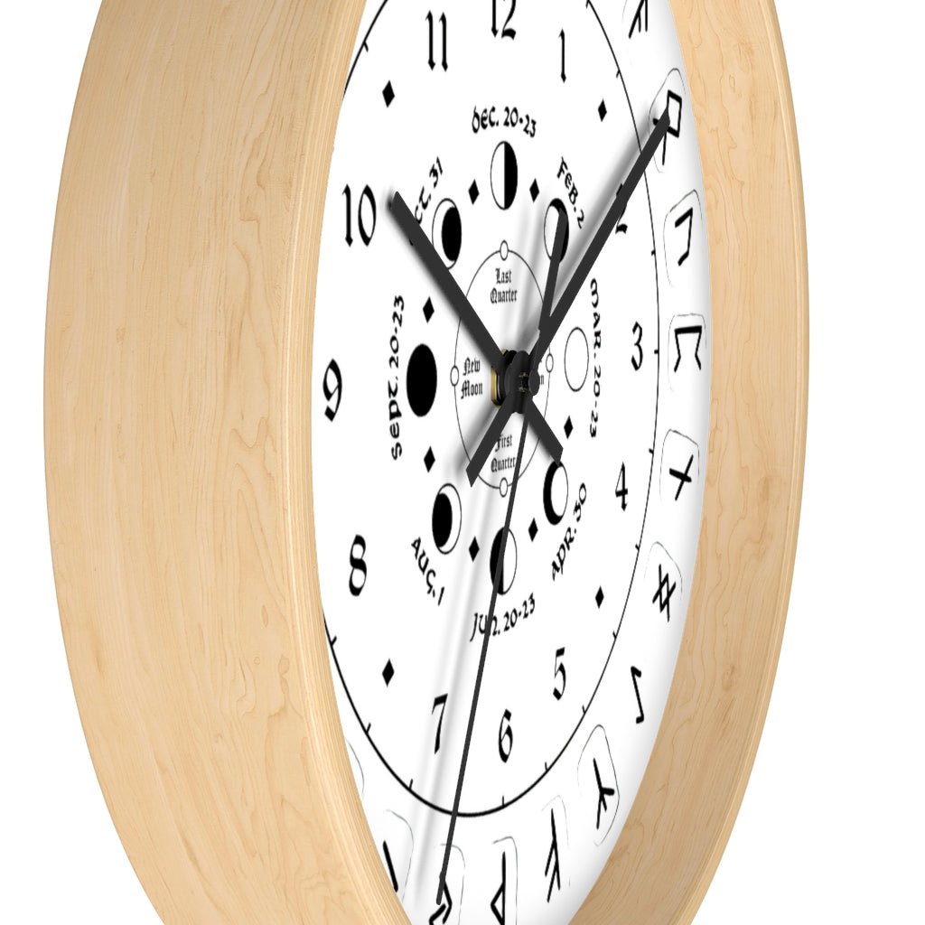 Wall clock - Pagan, Rune and moon cycle clock. witchcraft. White version.