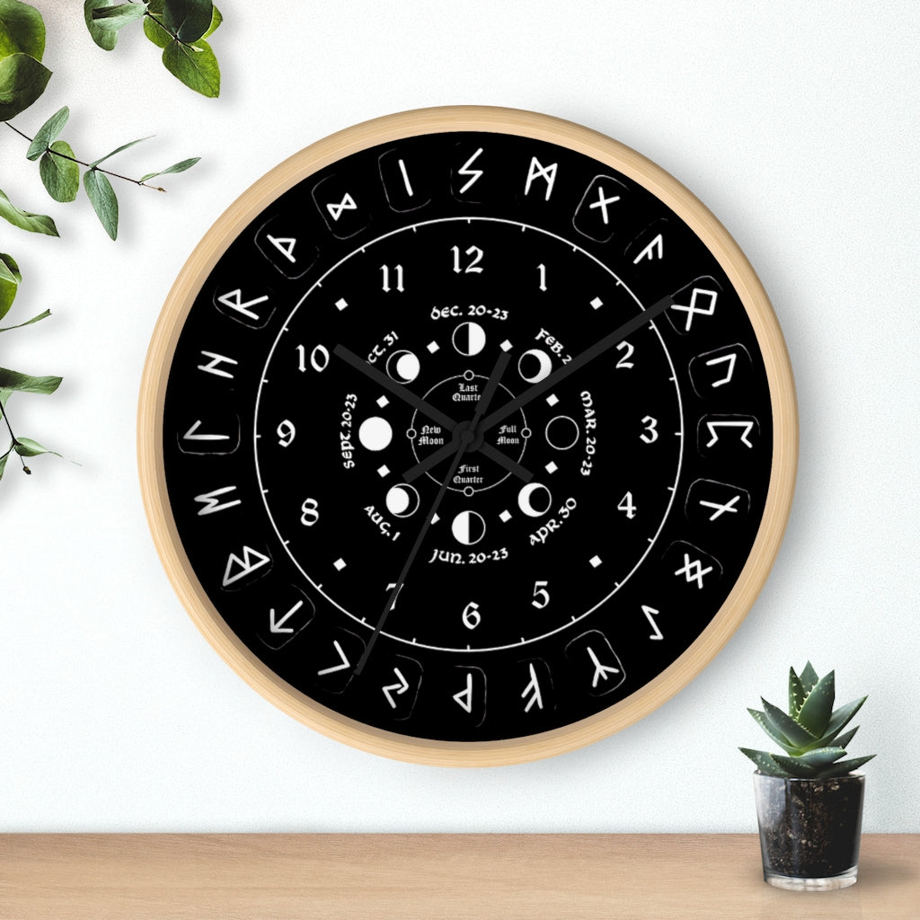 Wall clock - Pagan, Rune and moon cycle clock. witchcraft. Black version.