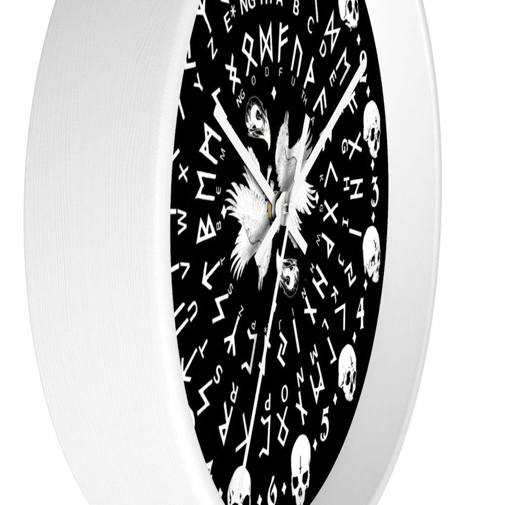 Huginn and Muninn. Odin Wall clock - Pagan, Rune and skull clock. Witchcraft and Viking style. Black version.