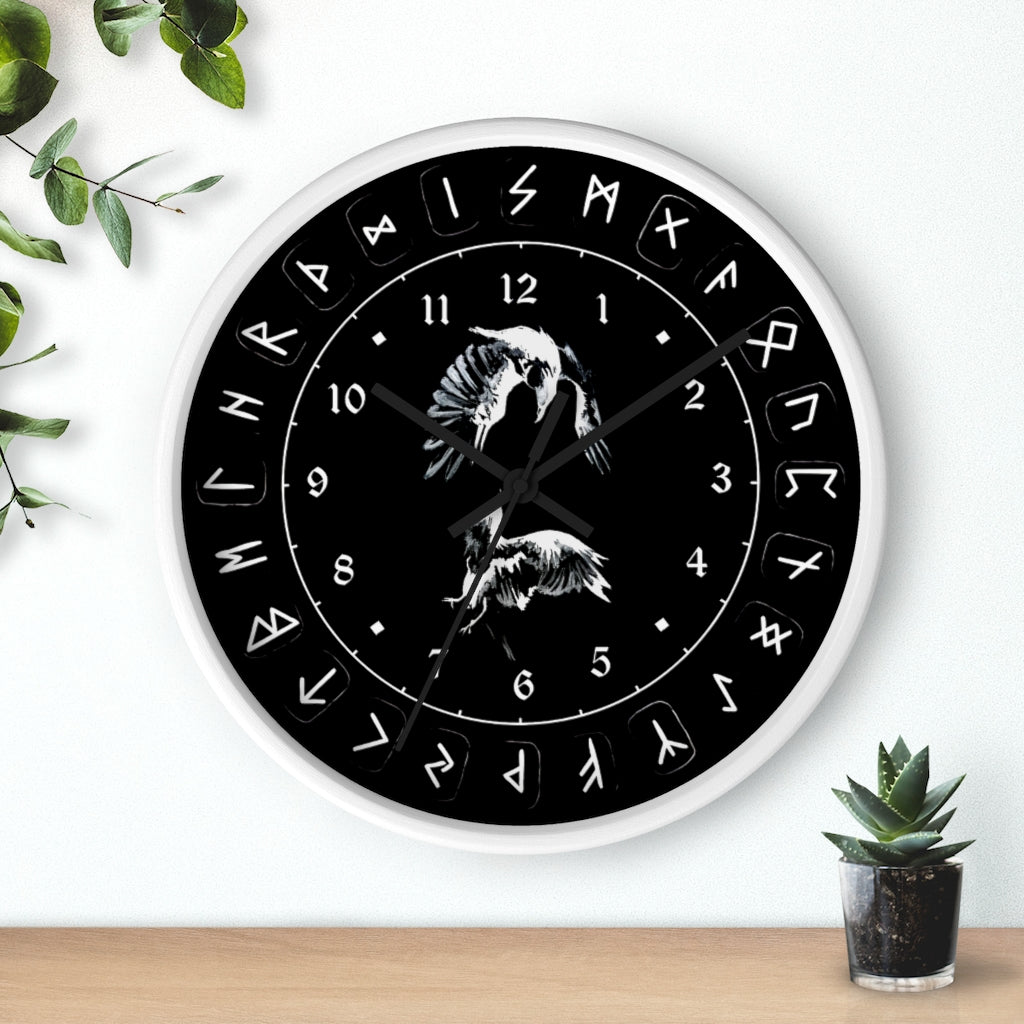 Wall clock - Ravens Play - Runes. Norse Viking clock. Black version ...