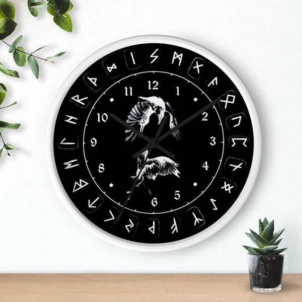 Wall clock - Ravens Play - Runes. Norse Viking clock. Black version