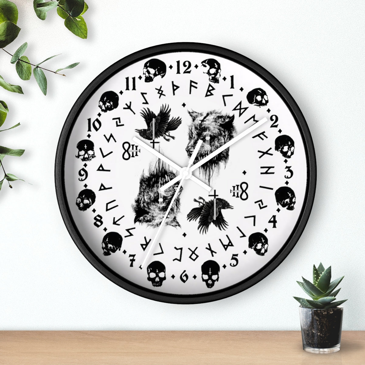 Fenrir son of Loki. Odin's ravens Munin and Hugin -  Wall clock - Pagan, Rune and skull clock. Witchcraft and Viking style. White version.