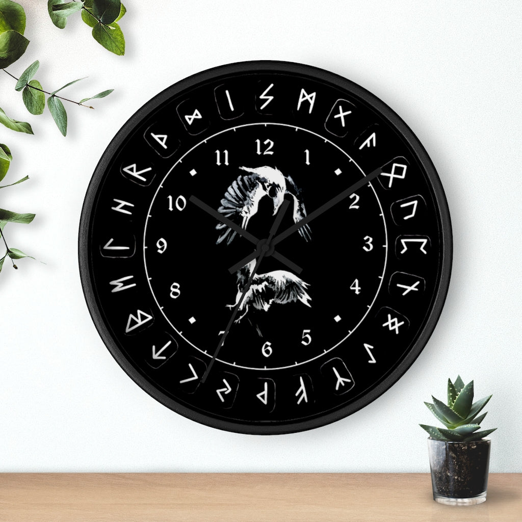 Wall clock - Ravens Play - Runes. Norse Viking clock. Black version