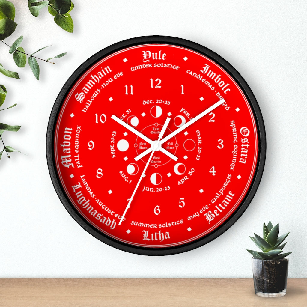 Wall clock -  Wicca Pagan Celtic Triquetra. Ravens blood red.