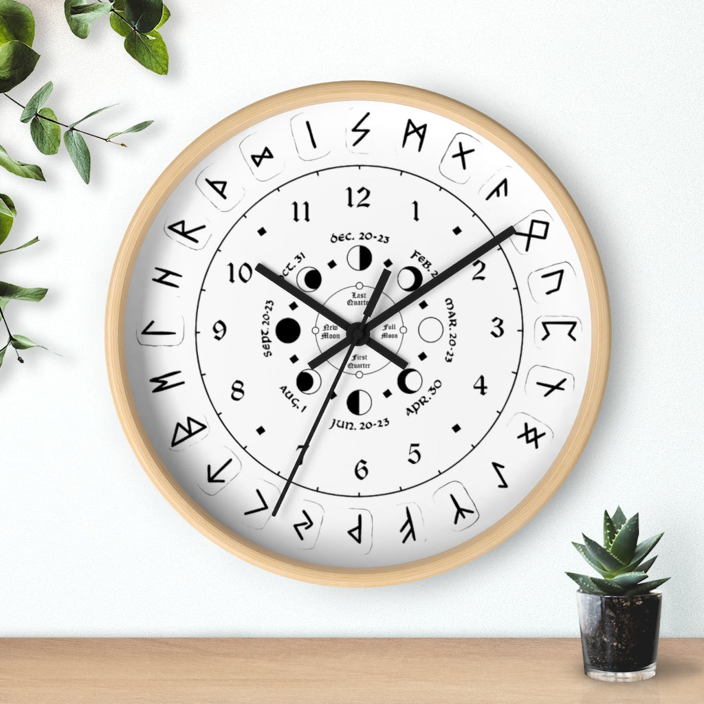 Wall clock - Pagan, Rune and moon cycle clock. witchcraft. White version.