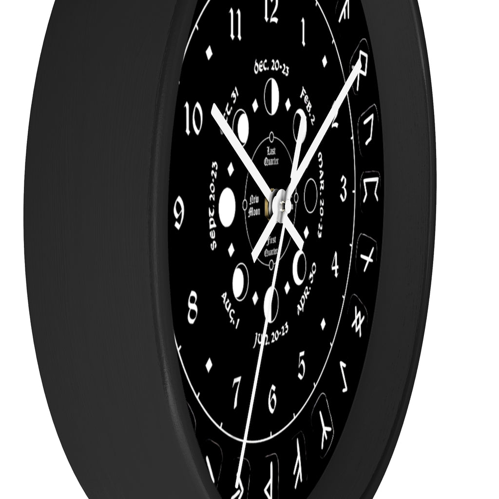 Wall clock - Pagan, Rune and moon cycle clock. witchcraft. Black version.