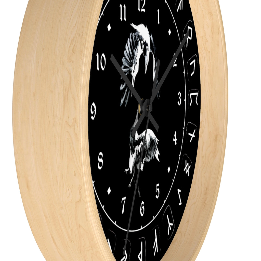 Wall clock - Ravens Play - Runes. Norse Viking clock. Black version