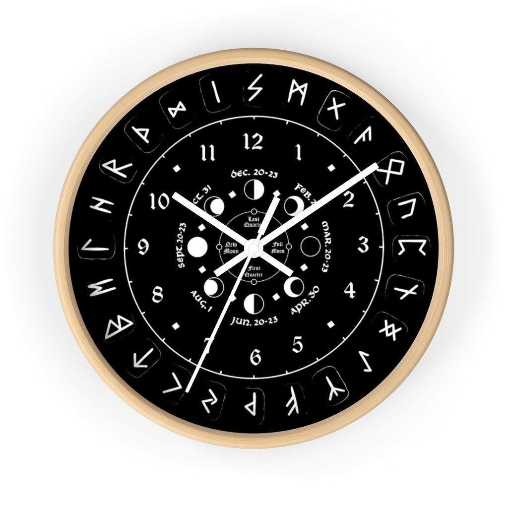Wall clock - Pagan, Rune and moon cycle clock. witchcraft. Black version.