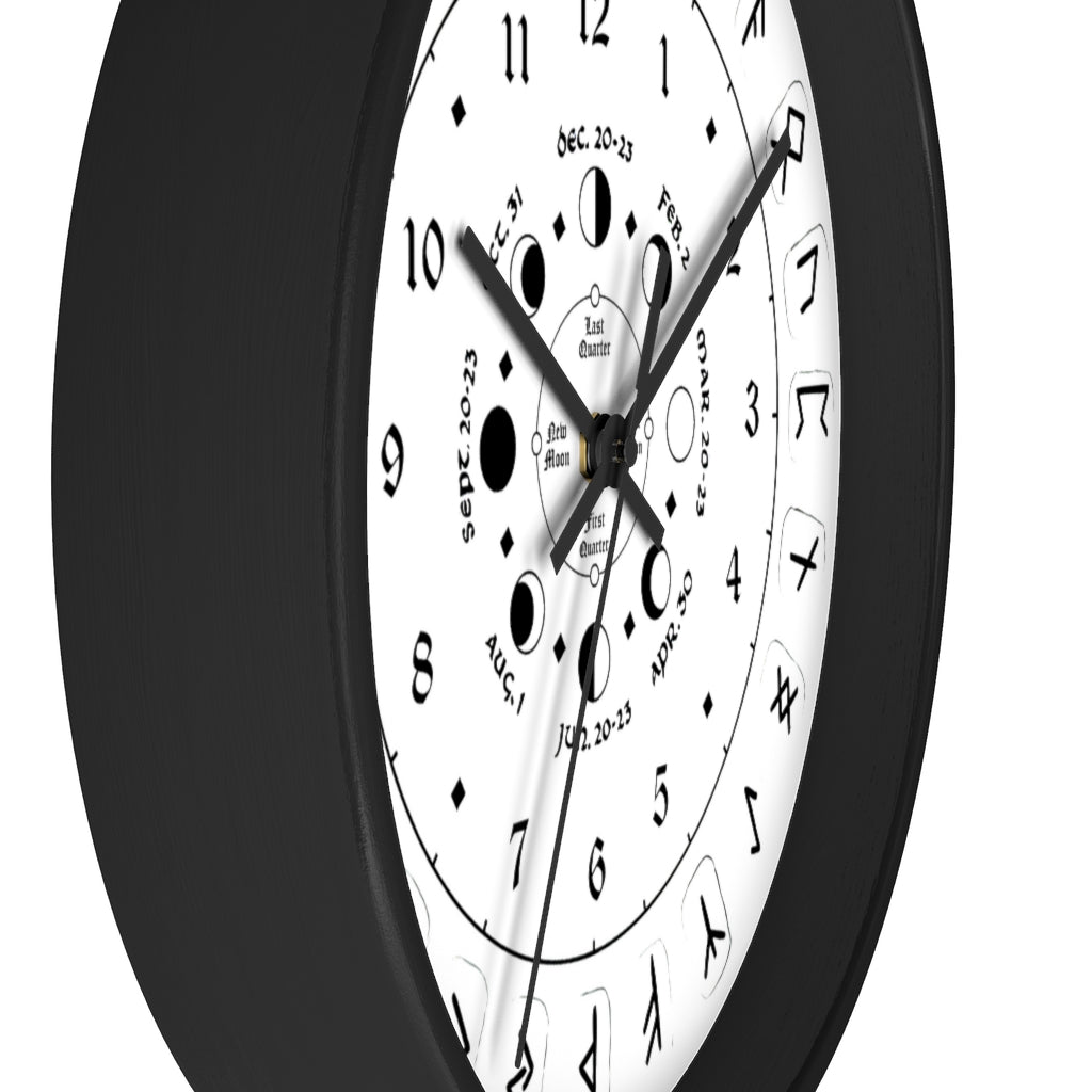 Wall clock - Pagan, Rune and moon cycle clock. witchcraft. White version.