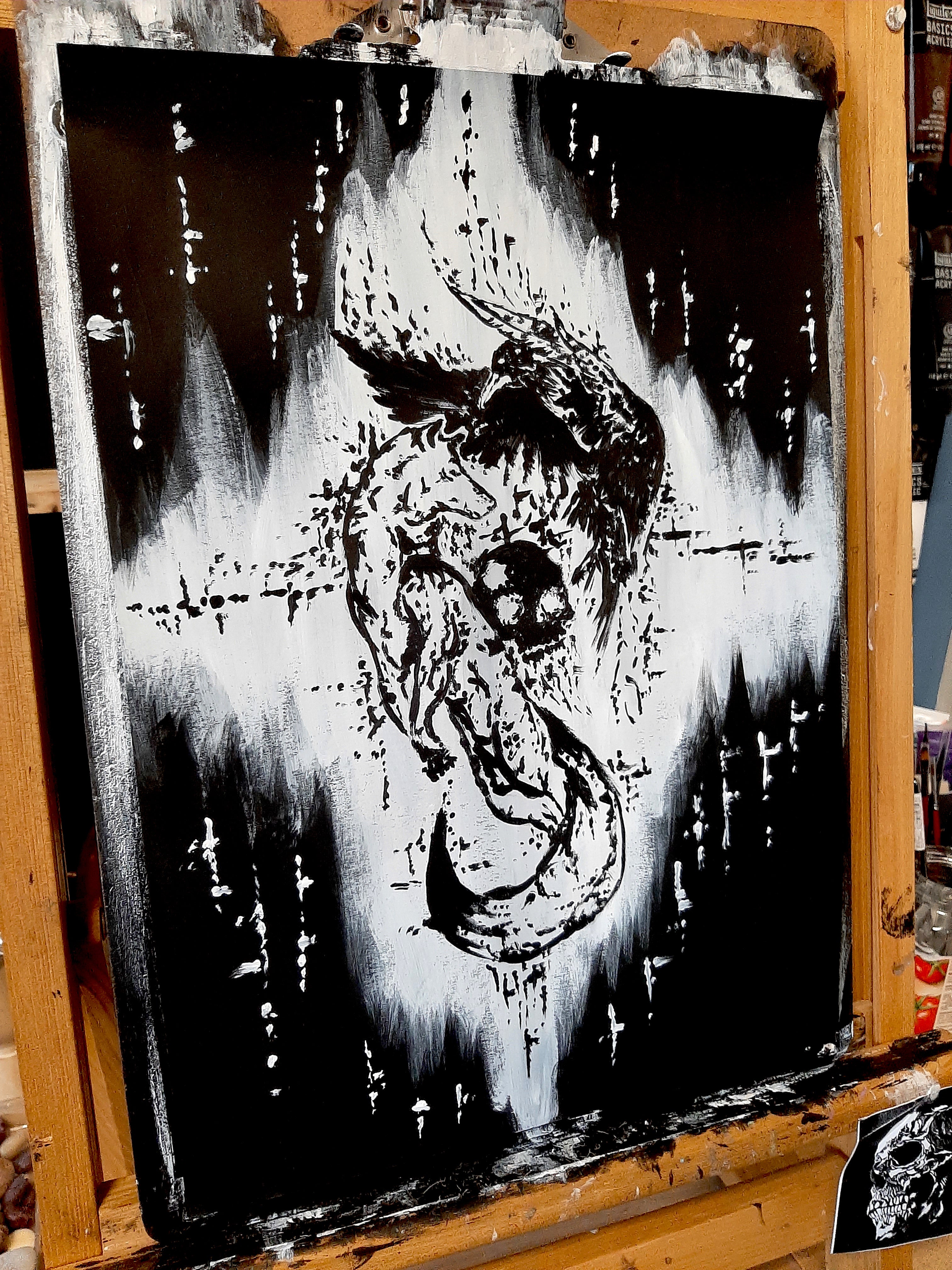 The white wolf and the raven dance with the dead - Original artwork