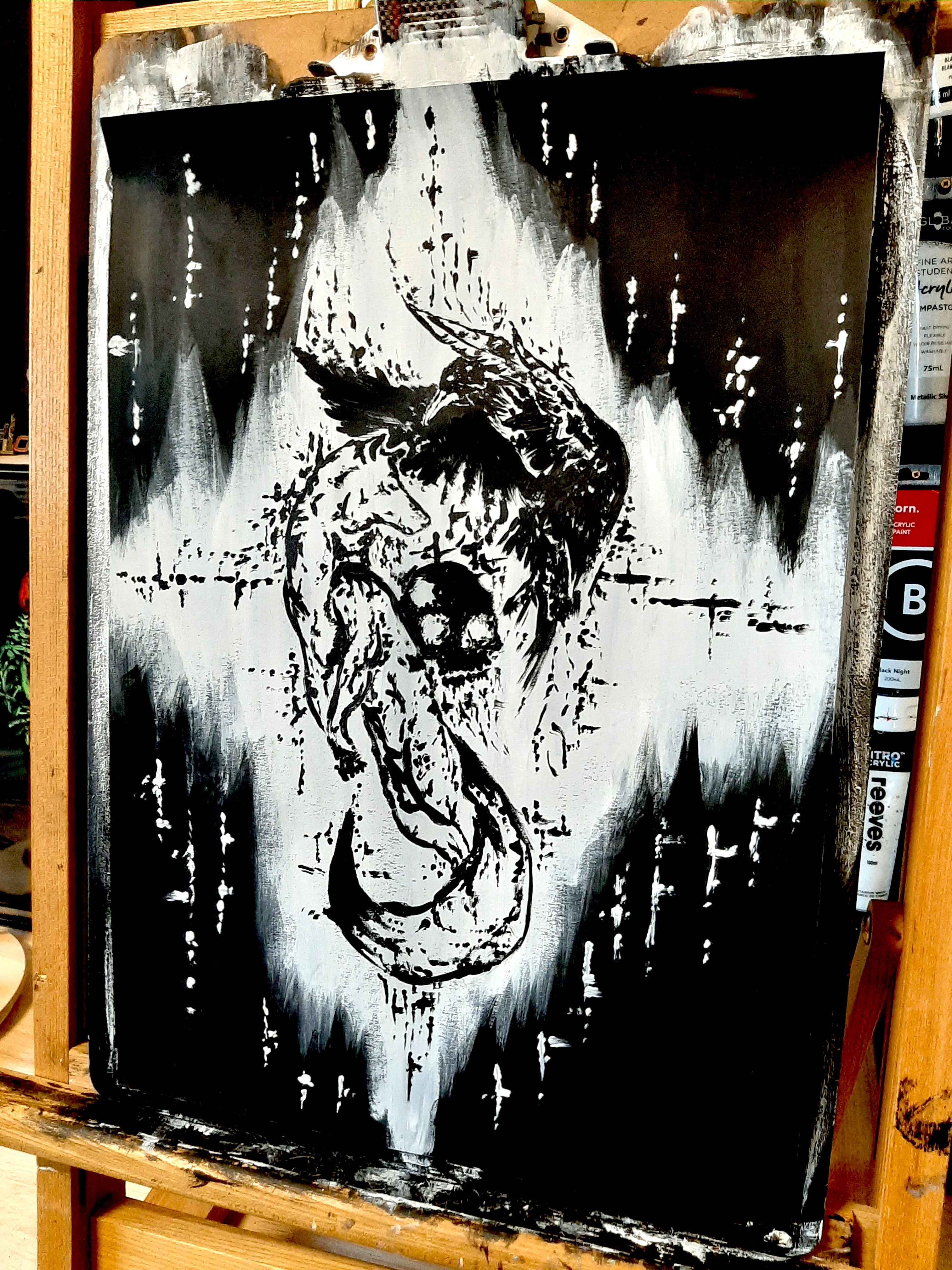The white wolf and the raven dance with the dead - Original artwork