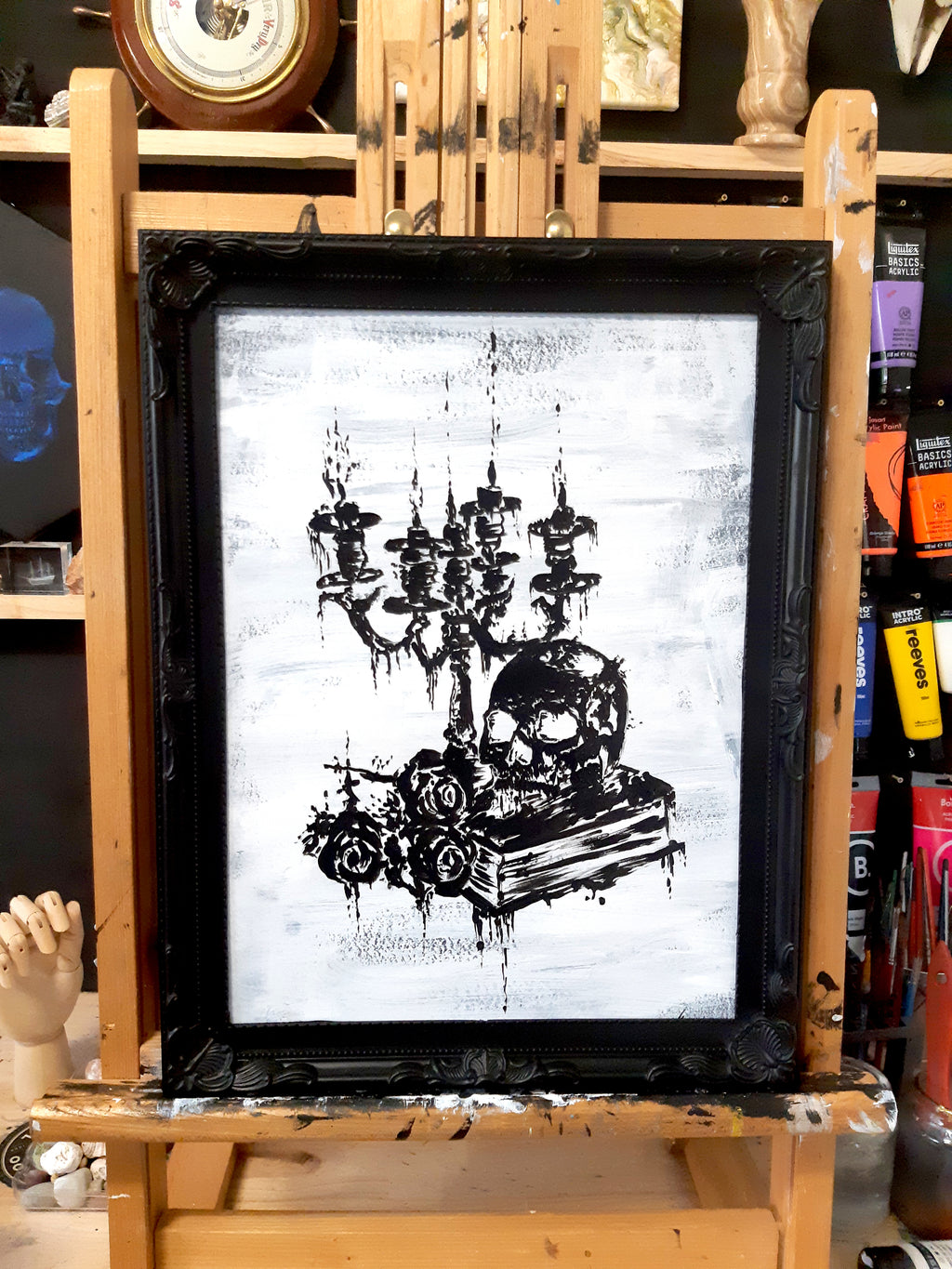 Skull, candles and roses. Vintage still life original artwork.
