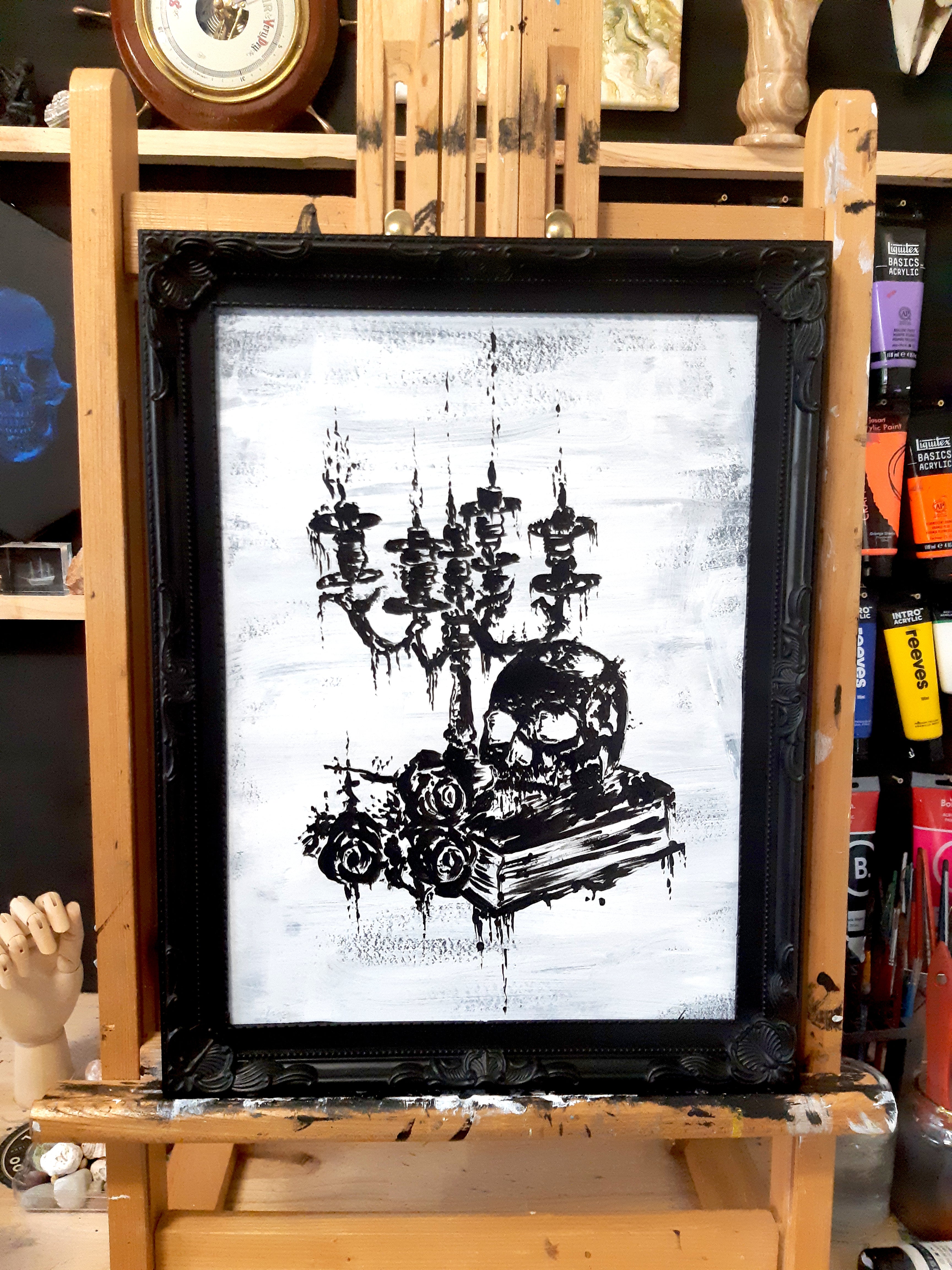 Skull, candles and roses. Vintage still life original artwork.