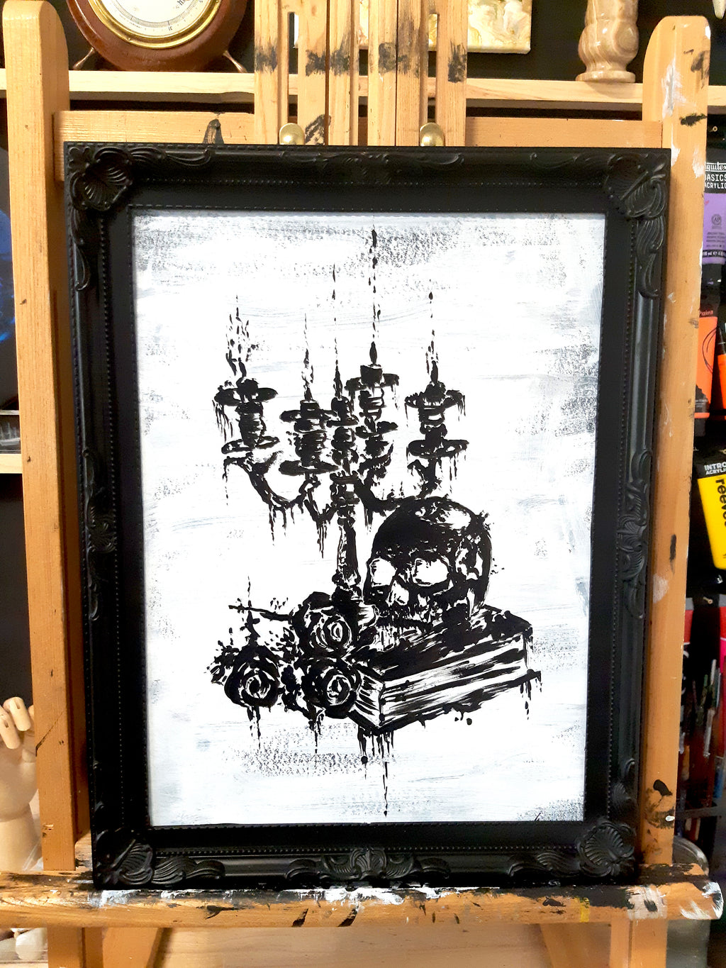 Skull, candles and roses. Vintage still life original artwork.