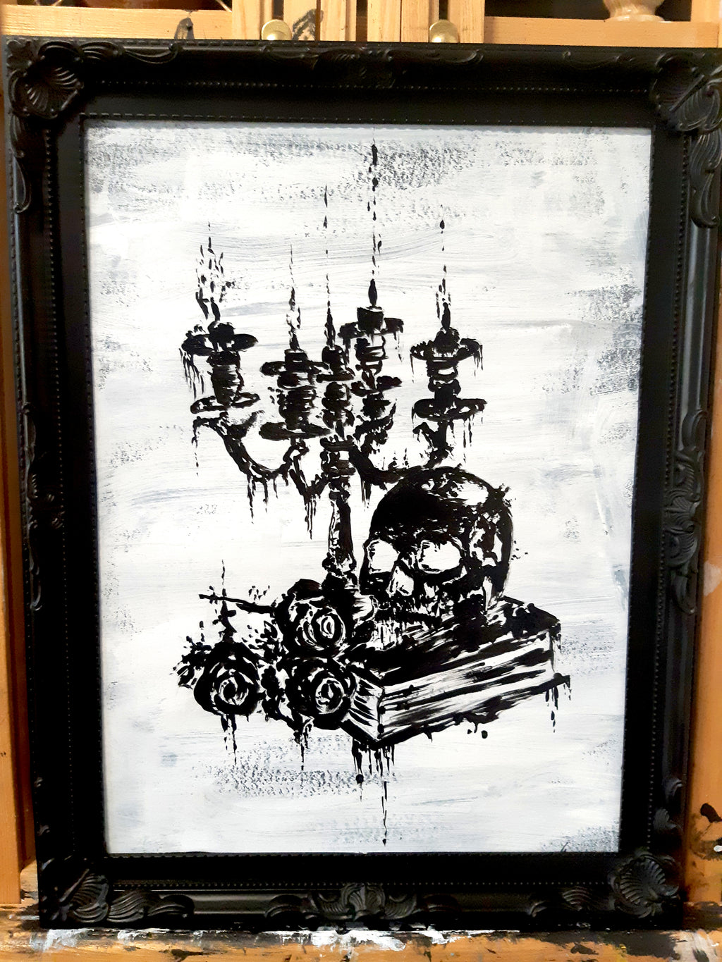 Skull, candles and roses. Vintage still life original artwork.