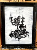 Skull, candles and roses. Vintage still life original artwork.