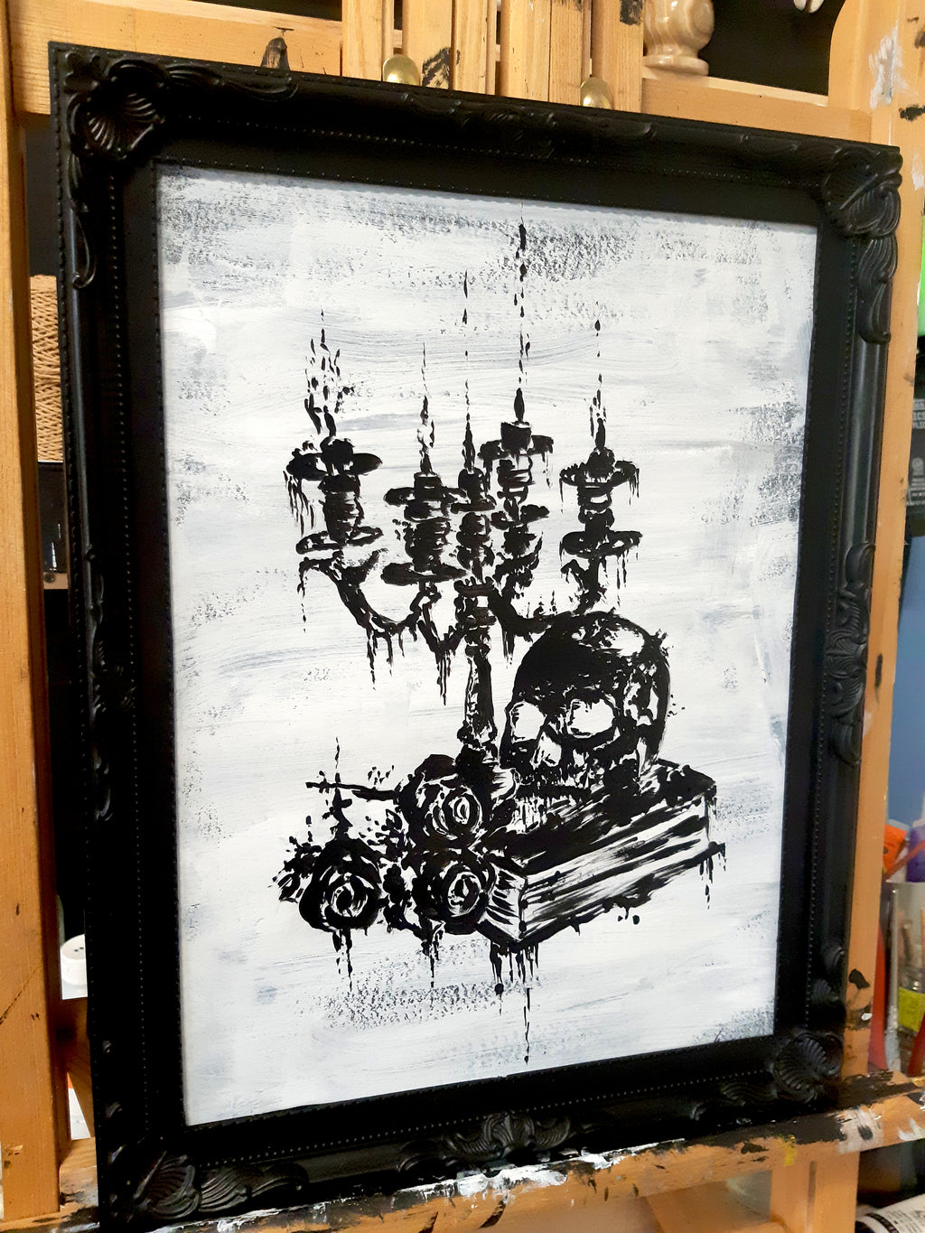 Skull, candles and roses. Vintage still life original artwork.