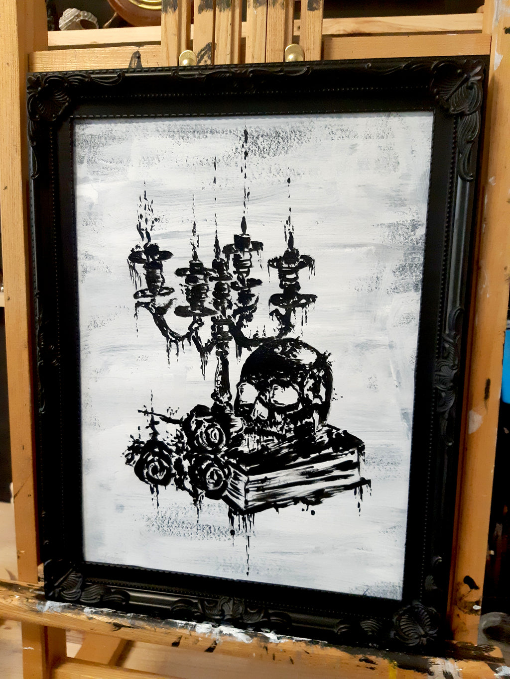 Skull, candles and roses. Vintage still life original artwork.