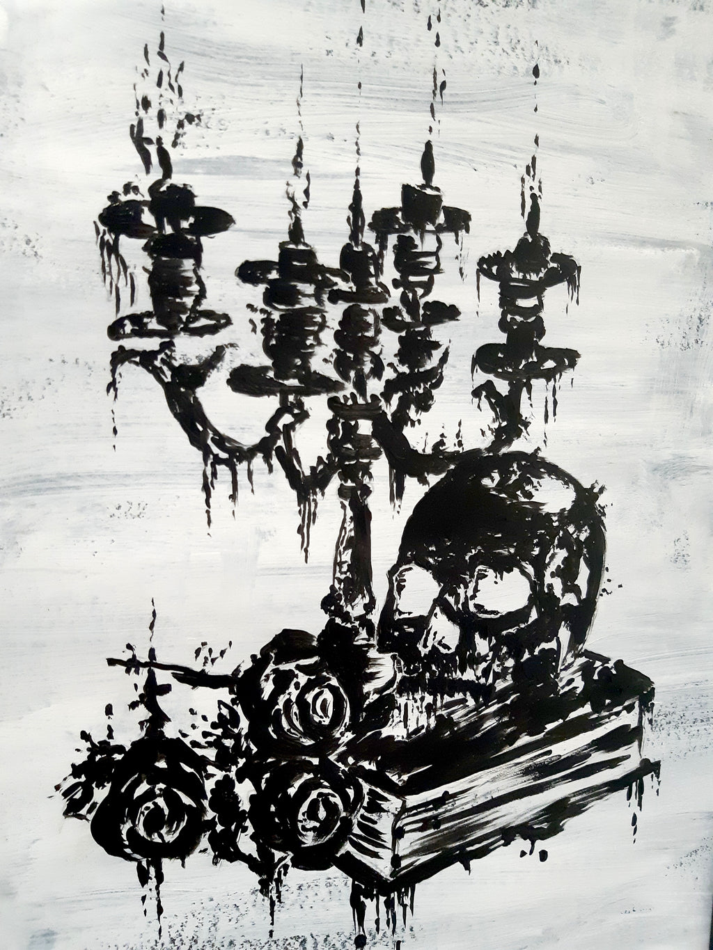 Skull, candles and roses. Vintage still life original artwork.
