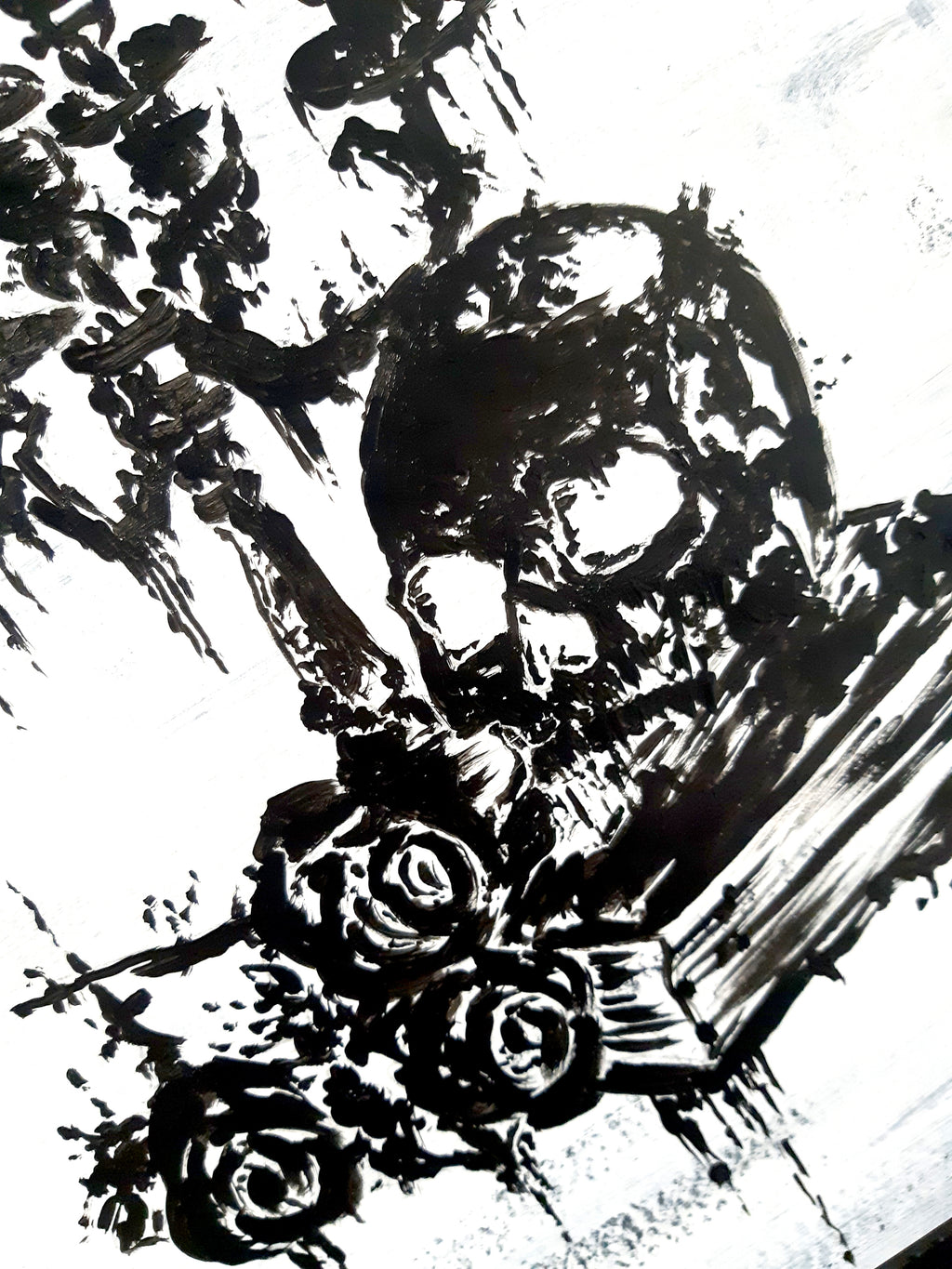 Skull, candles and roses. Vintage still life original artwork.