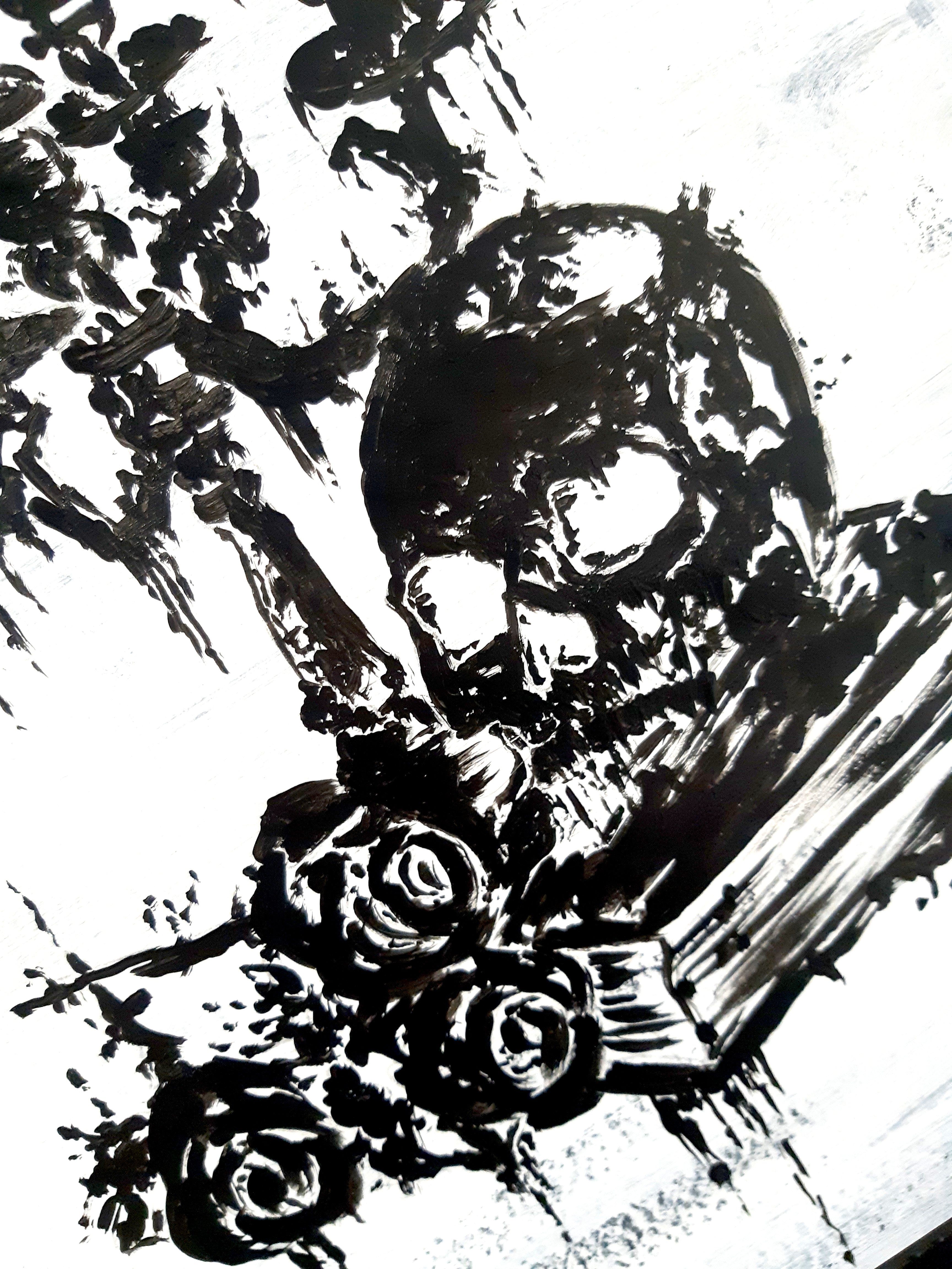 Skull, candles and roses. Vintage still life original artwork.