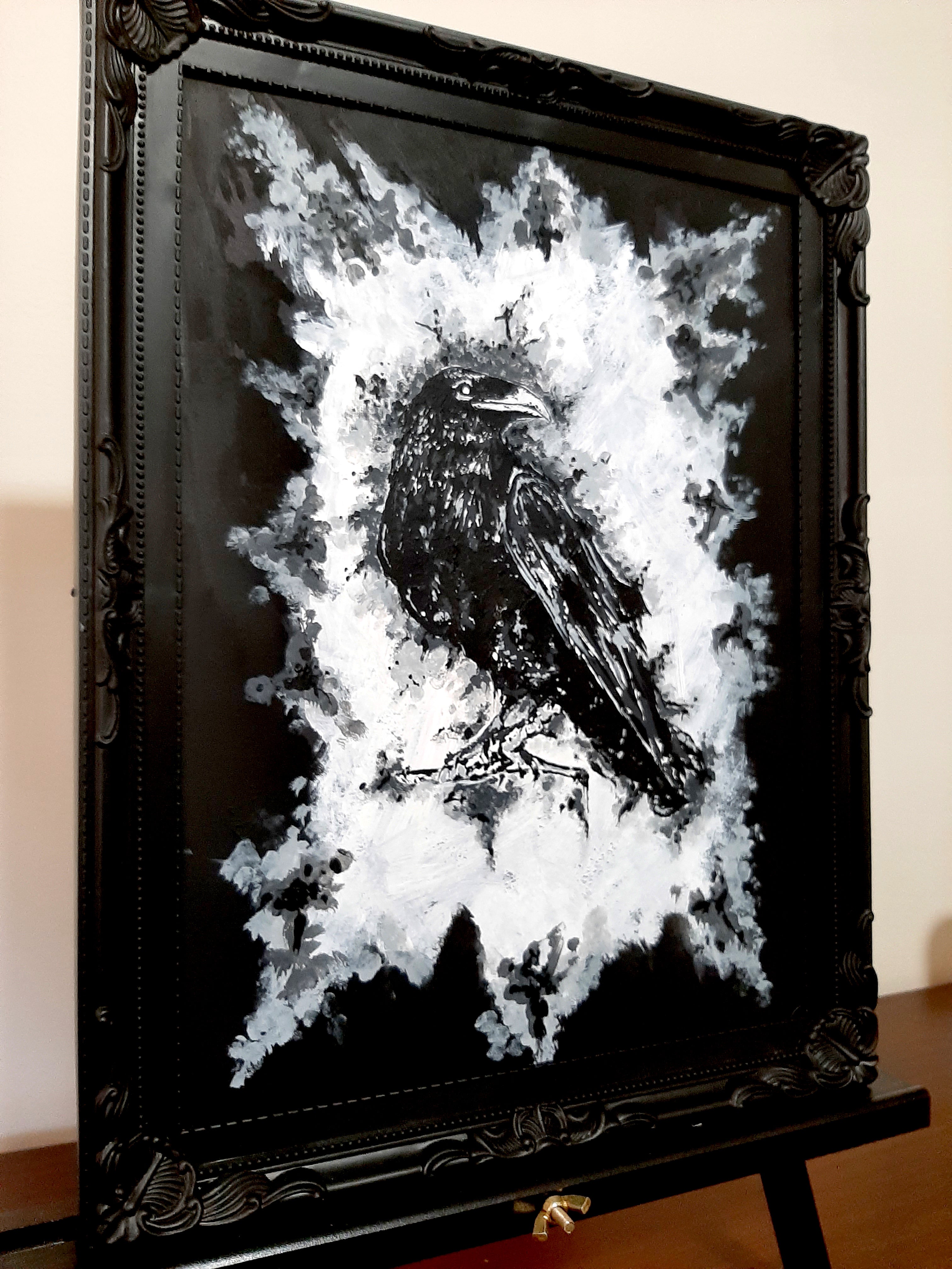 The raven by moonlight. Vintage original artwork.