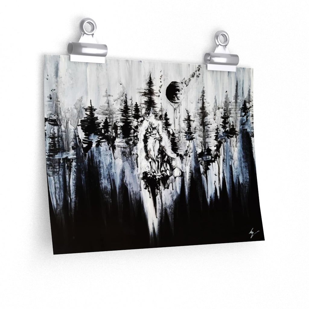 Fox in the moonlights darkness - Premium Matte horizontal posters. Wall art, gothic home décor, Fox and forest art.